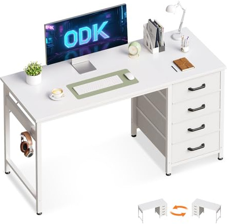 ODK Computer Desk with Drawers, Reversible Office Desk, 120 x 48 cm, White