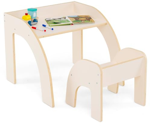 COSTWAY Juego de Mesa y Silla Infantil de Madera, Conjunto de Mesa y Silla de Actividades con Amplia Encimera, Bordes Curvados para Guardería, Mobiliario Infantil para Niños de 3+ Años (Blanco)