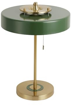 BARCELONA LED Lámpara de Mesa Grande GADSBY Verde y Dorado Cobre – Diseño Mid Century Modern Vintage, Pantalla Disco con Luz Indirecta, 3x E27, Interruptor de Cadena para Salón Dormitorio Escritorio