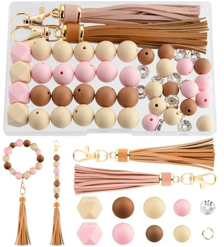 NEBURORA Perles en silicone pour la fabrication de porte-clés, perles marron chocolat rose poudré avec pompons en cuir, perles rondes pour bracelets, travaux manuels, stylos perlés, décorations et