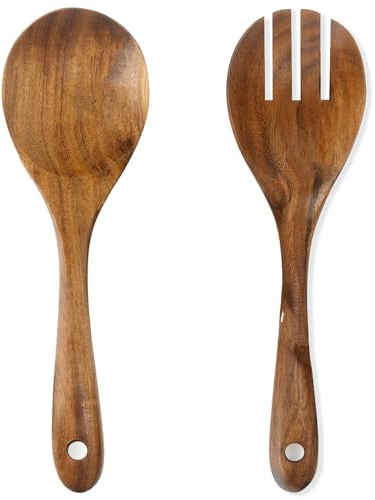 Teak Wood Salad Spoon and Spork 10.2-Inch, Wooden Salad Server Set of 2, Wooden Salad Serving Spoon and Fork, Wooden Spoons for Mixing, Stirring & Serving, Wood Salad Servers