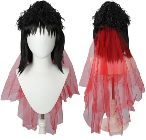 Linfairy Peluca sintética negra larga y rizada con pañuelo rojo para disfraz de Halloween para mujer