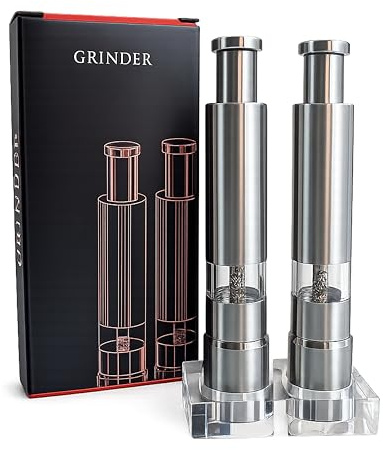 Salt and Pepper Grinder Set – Manual Pepper Grinder All in One, Adjustable Ceramic Mill, Stainless Steel Refillable 2-Piece, One Hand Seasoning for Kitchen, BBQ, Cooking