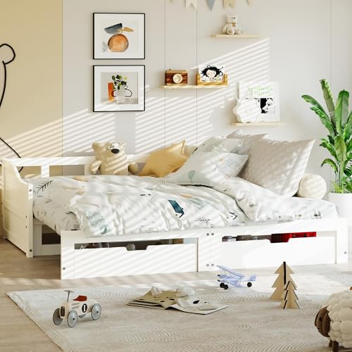 FEEOHOME Schlafsofa für Kinder, 90/180 x 200 cm, Holzboden mit Lattenrost und 2 Schubladen, Ausziehbett für Einzelbett und Doppelbett, Funktionsbett mit Bettgestell für Kinder