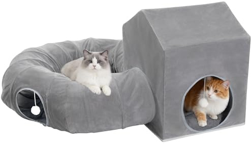 Pawaboo Cat Tunnel Bed for Indoor Cats, Cute Cat Donut Tunnel with Square House, Peekaboo Pet Cave Play Tunnels with Cave for Kitten/Rabbit, Dark Gray