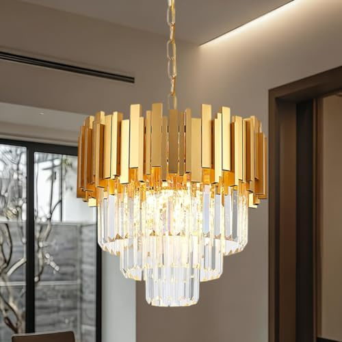 MSSIAN Kristall-Kronleuchter Moderner Gold-Pendelleuchte 3-Tier- Dimmbar Flush Mount DeckenleuchteE14×8 für Wohnzimmer Esszimmer Küche Insel Foyer Flur Ø40 cm