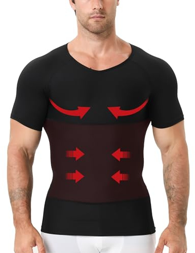 T-shirt de compression pour homme, col en V, amincissant, manches courtes, pour le contrôle du ventre (FR/ES, Alpha, XL, Regular, Regular, Noir)
