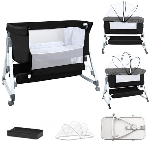 homewell 2 in 1 Beistellbett Baby & Babywiege mit Moskitonetz, Stubenwagen Baby Faltbar, 6 Fach Höhenverstellung und Neigungsverstellung, Seiten aus Netz, für Zuhause und Unterwegs (Schwarz)