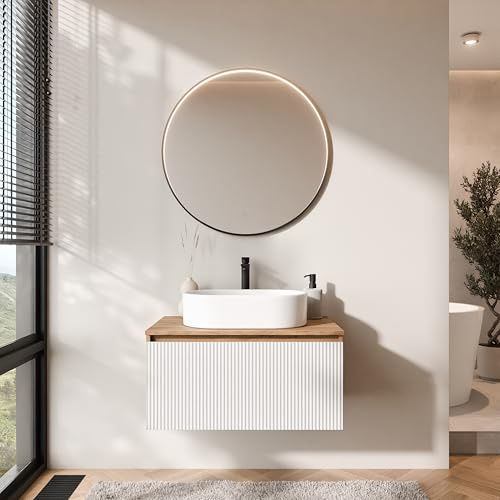Planetmöbel Arisa - Set di mobili da bagno con mobiletto da 80 cm, colore oro rovere bianco (scanalato) con specchio Veluna, lavandino da 55 cm, colore: Bianco