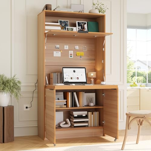 Merax 69 Multifunctional Kitchen Pantry Buffet with Hutch, Foldable Secretary Desk & Power Outlet, Adjustable Shelf Storage Cabinet for Dining Room, Living Room, Natural