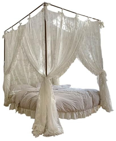 Himmelbett-Vorhänge, dreifach zu öffnender Spitzen-Prinzessinnen-Betthimmel, 4 Eckpfosten-Hängevorhänge mit Bändern, passend für 4, 92 Fuß