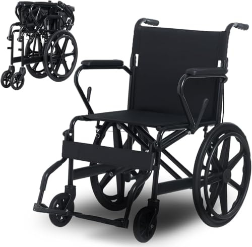 Portable Folding Wheelchairs Lightweight 13.6KG Self Propelled & Attendant Propel Wheelchair with Brakes, Safety Belt Adjustable Footrest (Black)
