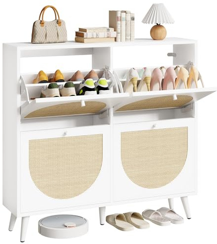 IRONCK Schuhschrank Rattan, schmal Schuhkipper mit 4 Klappen, Weiß | freistehende Schuhregal, Schuhkommode mit verstellbaren Trennwände Schuhablage Schrank für Flur Eingang, 100x24x95cm