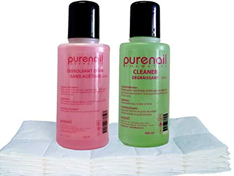 Mini Pocket Solvent Kit with 1 Degreaser Cleaner 100 ml + 1 Acetone-Free Dissolvant 100 ml + 100 UV Gel and False Nail Cellulose Squares