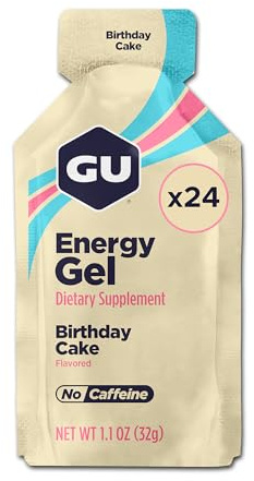 GU Original Energy Gels, Birthday Cake 24 Pack - 100 Calorie Energy Gel with Carbohydrates, BCAAs and Electrolytes - Pre-Workout Fuel for Running, Cycling, Triathlon and Endurance Sports