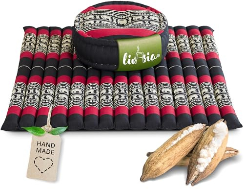 livasia Meditationsset XL - Ø 38x15cm / Matte 75x75x4,5cm - Yogaset mit Kissen und Matte, Pouf, Yogamatte und Yogakissen mit Kapok handgefertigt, Bodenkissen Outdoor, Zafukissen