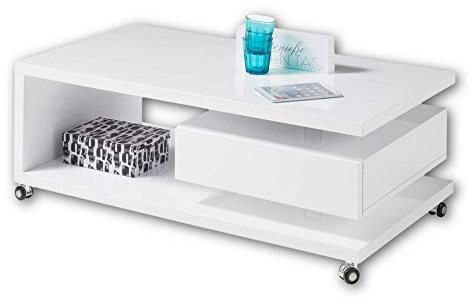 Stella Trading MILAN Moderner Couchtisch auf Rollen in Hochglanz weiß - mobiler Sofatisch mit Ablage & Schublade für Ihren Wohnbereich - 110 x 41 x 60 cm (B/H/T)