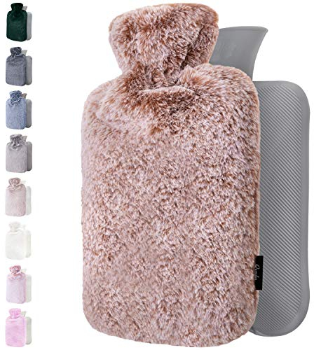 Borsa Acqua Calda con Copertura Peluche - Morbida Copertura Premium - 1,8L Grande Capienza - Boule Acqua Calda per Alleviare il Dolore e Calde Nottie - Marrone Scuro