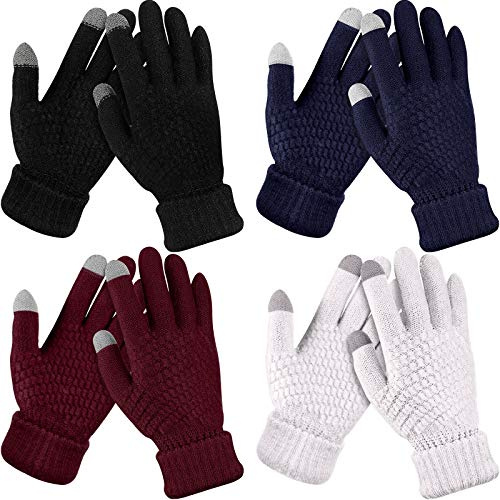 Geyoga 4 Paare Damen Winter Touchscreen Handschuhe Warme Vlies Gefütterte Strickhandschuhe Elastische Manschette Winter Handschuhe (Schwarz, Weinrot, Weiß, Marineblau)