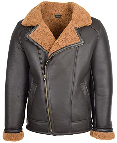 House Of Leather Mens Real Sheepskin Jacket Aviator Pilot Flying Style Cross Zip Blen (L, Brown Ginger)