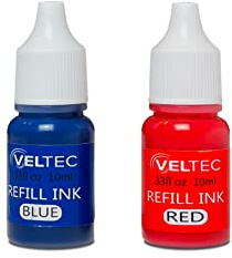 Veltec Premium 2-Color Refill Ink for Pre-Ink Stamps, Blue and Red, 10 ml Each Bottle