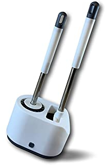 Doppia scopa WC con serbatoio | supporto con centrifuga integrata | pulizia a 360° | Setole morbide in silicone | 1 testa piatta 1 testa rotonda | non graffia | Igienica e antibatterica | Kibros WCX2c