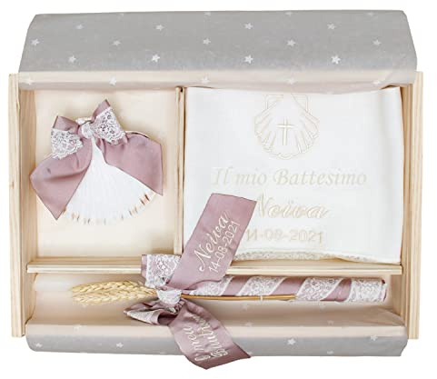 Kit di lusso personalizzato per battesimo - Set de candela, panno e conchiglia ricamati - Scatola di legno lavorata con il nome e la data di battesimo - Modello Paris (Rosa Cipria)