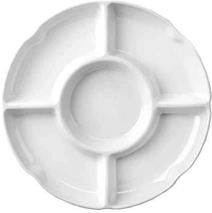HugeDE 10 Inch Melamine Snack Tray, White, Compartmentalized Round, Reusable, Party, Dishware Plate