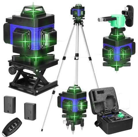 Niveau Laser avec Trepied 4 x 360°,Chantier 4D 16 Lignes, Autonivellement et Mode Pulsé Extérieur, 2 x 2400mAh Batterie, Niveau Laser 360 Autonivelant,Support Rotatif, Télécommande
