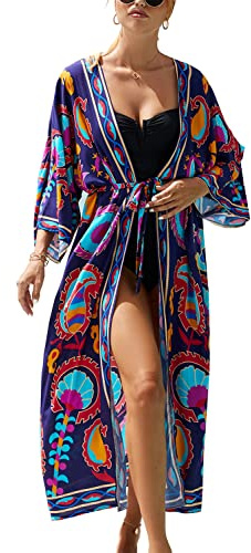 YouKD Vestido largo de verano para mujer, caftán largo, estilo bohemio, para playa, amplio vestido tipo kimono, talla única, C Azul Oscuro, Altoa única