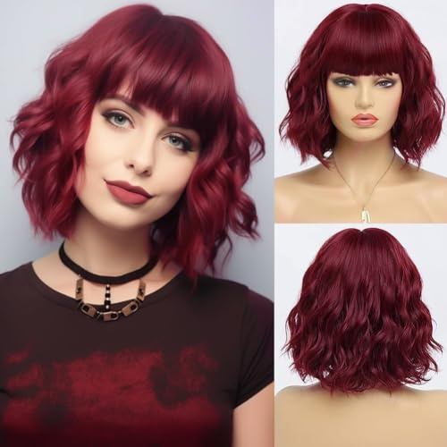 PORSMEER Kurze Bob Perücke mit Pony für Frauen Natürliches perücke Rot Damen Synthetisches Haar Bunt Täglich Party Halloween Cosplay Gewellte Lockige Perücken