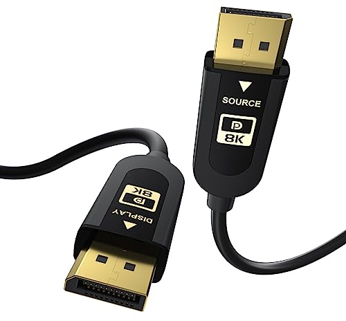 FIBBR Câble DisplayPort 2.1 à fibre optique 16K, certifié VESA, câble DP actif, 15,2 m, cordon de port d'affichage 40 Gbit/s, compatible avec 16K @ 30 Hz, 10K @ 30 Hz, 8K @ 60 Hz, 4K @ 165 Hz, HDR