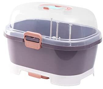 Pilipane Almacenamiento En Rack De Secado De Biberones, Organizador Grande De Caja De Almacenamiento De Biberones con Tapa, Organizador Portátil De Caja De Biberones con Cubierta Antipolvo(Purple)