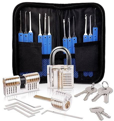 28PCS Lock Picking Set with 3 Transparent Training Locks and Manual and Zip Case for Lockpicking, Lock Picking Tool Kit for Beginner and Locksmith(Blue)