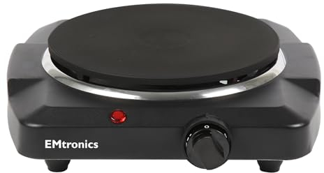 EMtronics 1500W Portable Hob, Hotplate and Thermostat Control, Mini Hot Plate Stove, Adjustable Temperature 185mm - Black