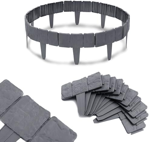JNGLGO 20M Rasenkante Kunstoff Steinoptik Beeteinfassung Beetumrandung Gartenpalisade Mähkante 25 x 23 cm, 80 Stück - Anthrazit