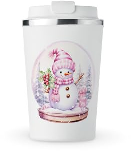 MAXIKIWI - Tasse isotherme à double paroi en acier inoxydable, gobelet de voyage pour café ou thé avec couvercle, garde les boissons chaudes et froides - Bonhomme de neige rose dans une boule à neige