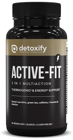 Detoxify Active-Fit | Bruleur de Graisse Puissant | L-Carnitine Thé Vert | Perte de poids Rapide et Efficace | 60 Cápsules | 30 Jours