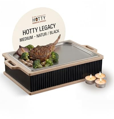 INEXTERIOR – Hotty Legacy Warmhalteplatte zum Grillen – BBQ Warmhaltebehälter für Speisen – Grillgut Stövchen – Speisenwärmer mit Teelicht – BBQ-Board für Grillpartys (All Black, M)