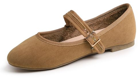 Feversole Women's Soft Cushion Extra Padded Mary Jane Scarpe Basse Classiche Décolleté Eleganti Mary Jane con Fibbia Morbida Scarpe da Ballo per Balletto per Donna Velluto a Coste Cammello 39 EU