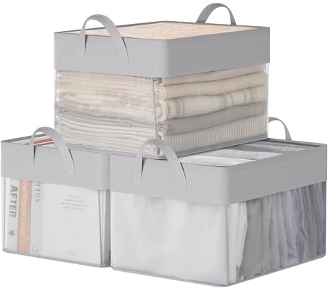 SONGMICS Juego de 3 Cajas de Almacenaje, Cesta Mediana, Cajas Organizadoras de Tela, Plegable, Red de Nylon Transparente, 40 x 30 x 25 cm, Asas, para Dormitorio, Salón, Gris Paloma RFB940G01
