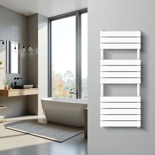 Badheizkörper Chrom, Handtuchhalter Heizkörper mit Seitenanschluss, Handtuchwärmer Heizkörper Handtuchwärmer für Badezimmer Innenausbau - Einfache Installation (Weiß, 1200x500mm (Gebogen Rohr))