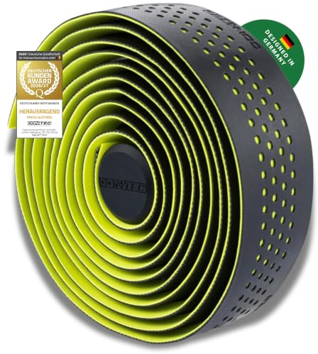 CONTEC Lenkerband Reflex.Micro, 2000x30x2,5 mm, aus Polyurethan, selbstklebend und rutschsicher, mit Klebestreifen und 2 Lenkerstopfen, Paar, schwarz/safety yellow neon reflektierend