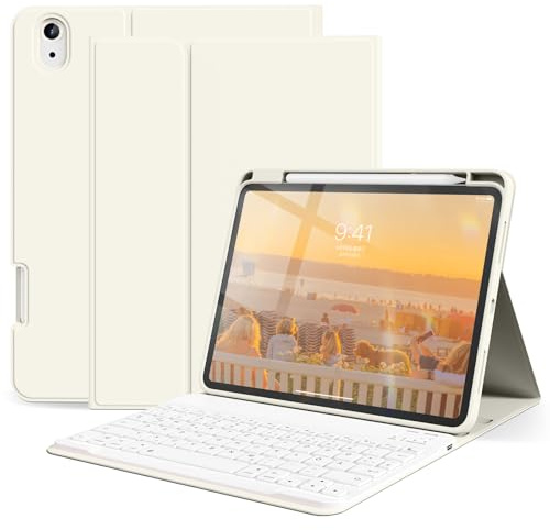 SZPSGC Hülle für iPad (A16) 11./10. Gen (2025/2022) mit Tastatur, Creme | Mit Stifthalter, Soft TPU Rückseite Gehäuse, Abnehmbarer Bluetooth Tastatur, QWERTZ Layout