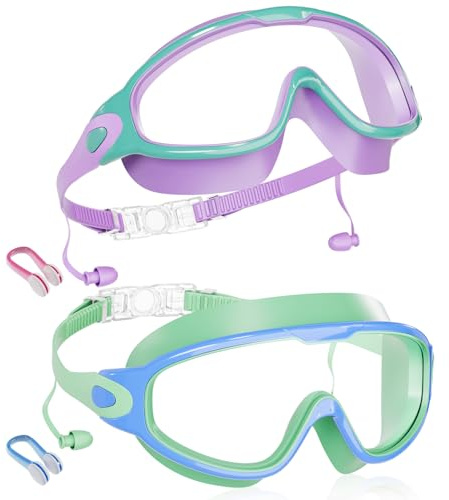 Aegend New Kids 2 Pack Wide View Swim Goggles, Anti-Fog/UV No Leak Goggles with Ear Plugs Kids 3-14