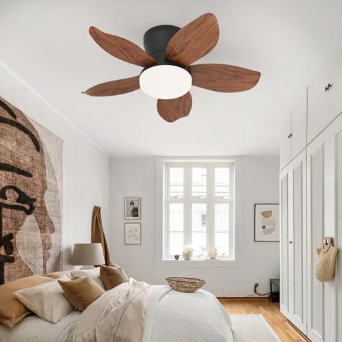 YFHKWJ 65CM Moderno Pequeño Ventilador De Techo Con Luz Y Mando A Distancia APP, 6 Velocidades & Temporizador, Motor DC 5 Aspas Lámpara Ventilador Techo Para Dormitorio/Salón/Comedor-Brown Wood Grain