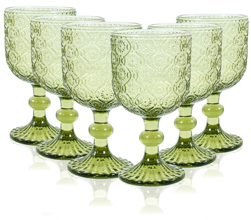 CHLJAR Grüne Vintage-Weingläser, 6er-Set Kelchgläser, 400 ml, grüne Weingläser, Vintage-farbene Kelchgläser für Hochzeiten, Partys, Rotweingläser, Bars, Restaurants, spülmaschinenfest (A-Grün)