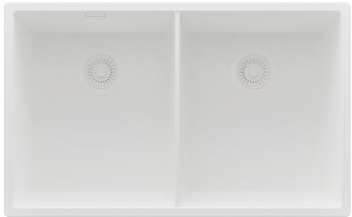 PRIMAGRAN Fregadero bajo Encimera al Mueble 80cm + Kit de desagüe, 76x47cm | Set: Kit de desagüe (sifón, válvula, rebosadero) + London Twin 2 Senos para Cocina, Todo Blanco