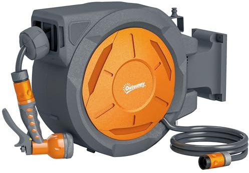Outsunny Enrouleur Tuyau Arrosage Mural 30 m x Ø 15 mm, Dévidoir Automatique de Tuyaux d'Eau Rétractable Automatique Pivotant à 180°, Buse à 7 Modes, pour Jardin et Lavage de Voiture, orange