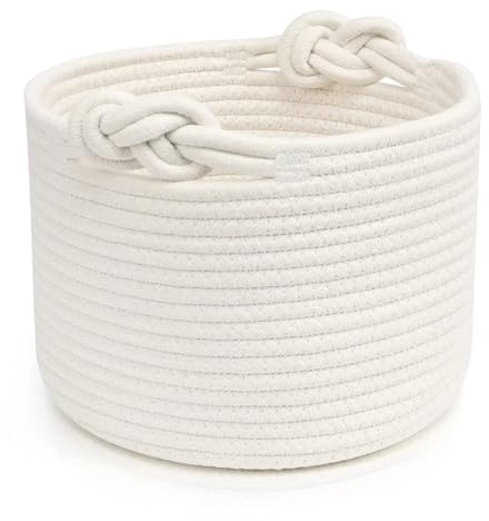 Woven Rope Storage Basket, Baby Toy Basket with Handle, Cotton Laundry Basket Gift Basket Empty Suitable for Living Room, Bedroom, Bathroom (White, 24×18cm)